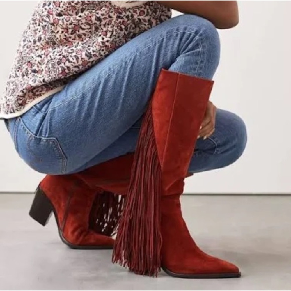 Jeffrey Campbell “Cattle” Rust Fringe Knee-High Boots (New in Box) - Picture 2 of 5